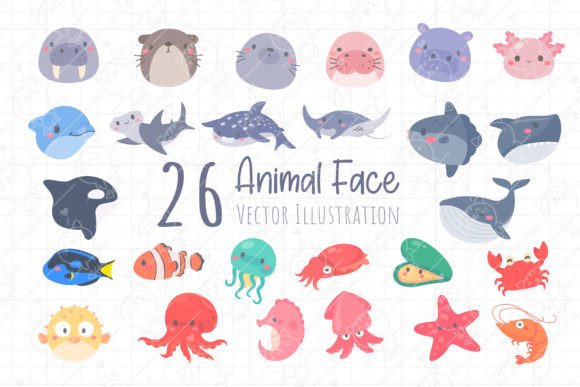 Adorable Ocean Animal Face Baby Animals PNG Illustrations