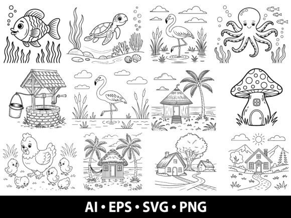 Animal and Nature Coloring Pages Pack: Creative Assets for Modern Design