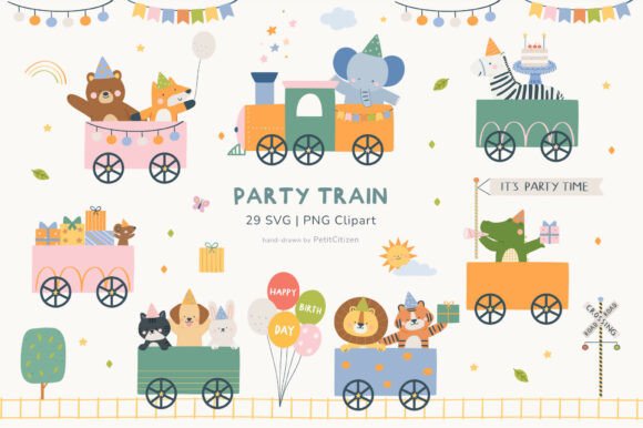 Animal Train Birthday Party Clipart for Festive Designs