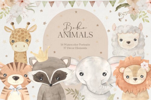 Boho Animal Portraits Watercolor Clipart: Wildly Charming Design Assets