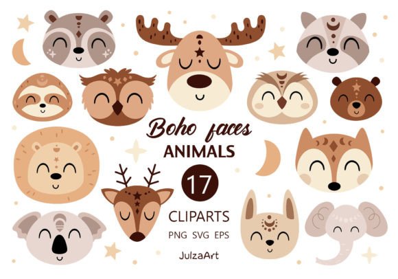 Boho Animals Faces Clipart: Whimsical Animal SVGs for Creative Projects