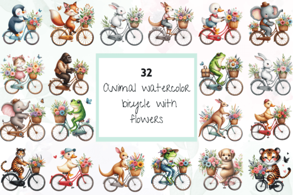 Charming Watercolor Animal Bicycle Art for Creative Projects