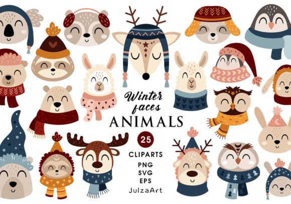 Cozy Winter Animal Faces Clipart for Your Projects