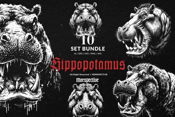 Unleash Dark Whimsy with the 10 Bundle Dark Art Hippopotamus Animal